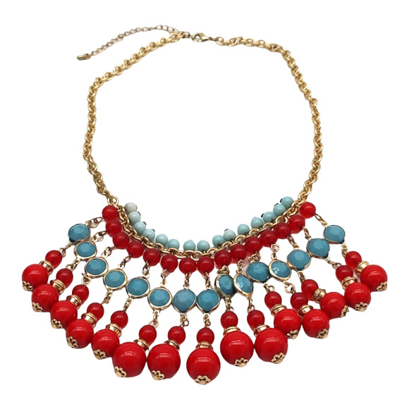 Vintage Jewelry Cascading Beaded Bib Gold Tone Red Blue Fringed Costume Necklace - Picture 2 of 9